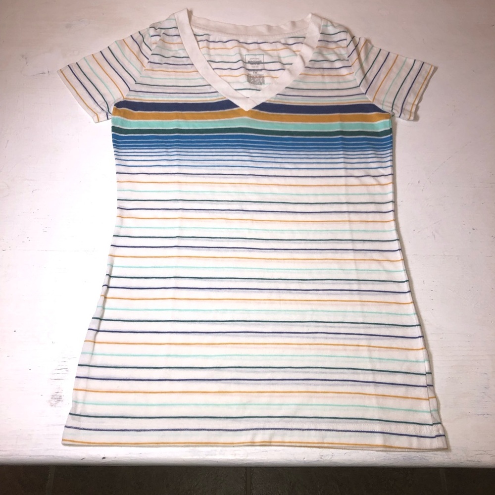 Mossimo Classic Striped V-Neck Women's Tee - White with Blue & Yellow Stripes,XS